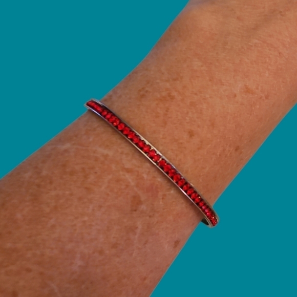 Vintage Jewelry - Dainty Thin Red Paved Crystal Holiday Bangle Bracelet